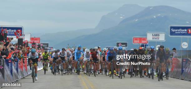 The peloton at Bardufoss Airport, during the second stage 5km from Sjovegan to Bardudoss Airport, during the Arctic Race of Norway 2017. On Friday,...