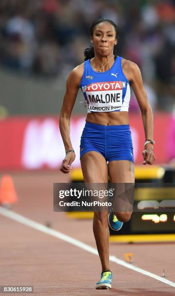 Chantel Malone of British Virgin Island jumps in the long jump final in London at the 2017 IAAF World Championships athletics at the London Stadium...