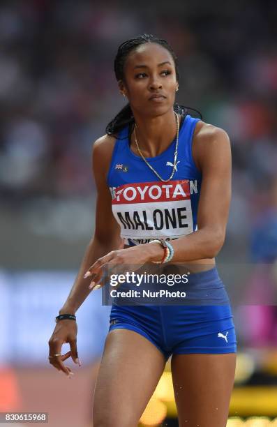 Chantel Malone of British Virgin Island jumps in the long jump final in London at the 2017 IAAF World Championships athletics at the London Stadium...