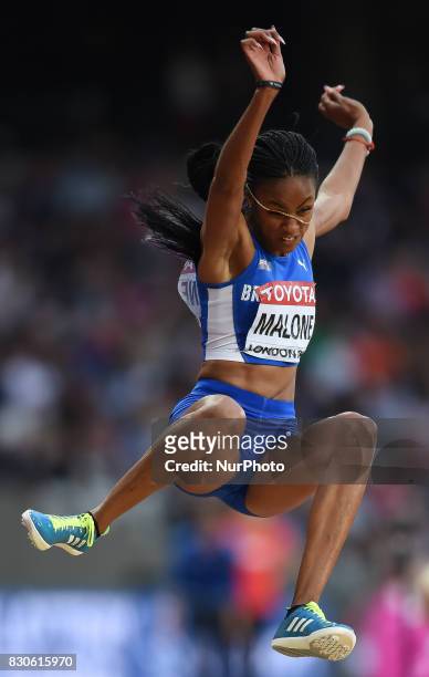 Chantel Malone of British Virgin Island jumps in the long jump final in London at the 2017 IAAF World Championships athletics at the London Stadium...