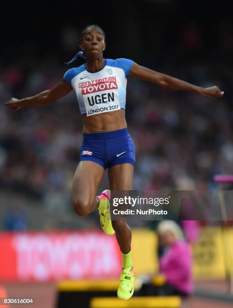 Lorraine Ugen of Great Britain jumps in the long jump final in London at the 2017 IAAF World Championships athletics at the London Stadium in London...