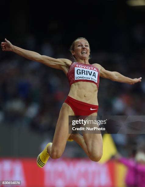 Lauma Grva of Latvia jumps in the long jump final in London at the 2017 IAAF World Championships athletics at the London Stadium in London on August...