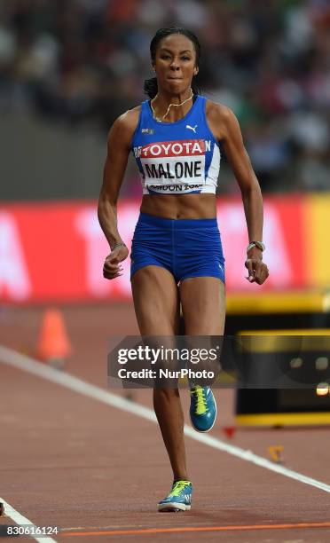 Chantel Malone of British Virgin Island jumps in the long jump final in London at the 2017 IAAF World Championships athletics at the London Stadium...