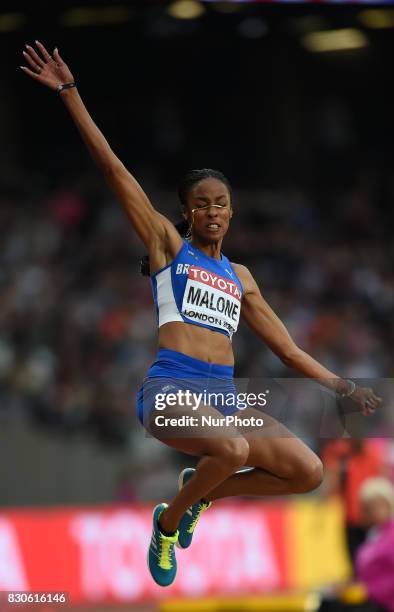 Chantel Malone of British Virgin Island jumps in the long jump final in London at the 2017 IAAF World Championships athletics at the London Stadium...