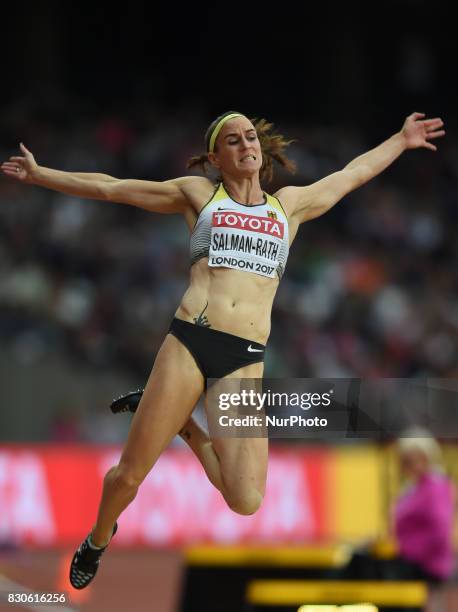 Claudia Salman-Rath of Germany jumps in the long jump final in London at the 2017 IAAF World Championships athletics at the London Stadium in London...