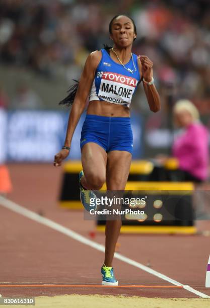 Chantel Malone of British Virgin Island jumps in the long jump final in London at the 2017 IAAF World Championships athletics at the London Stadium...