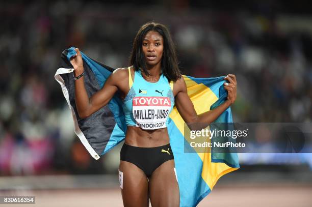 Shaunae Miller-Uibo of Bahamas celebrating bronze in the 200 meter final in London at the 2017 IAAF World Championships athletics at the London...