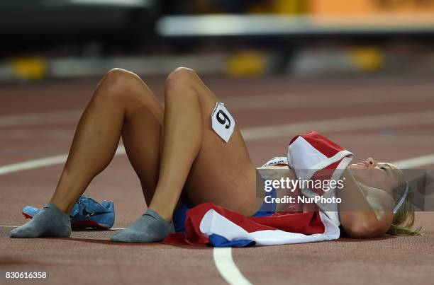 Dafne Schippers of Nederlands after winning the 200 meter final in London at the 2017 IAAF World Championships athletics at the London Stadium in...