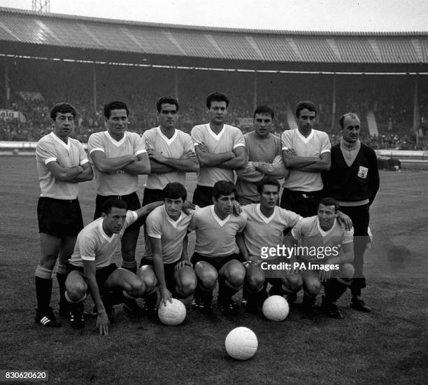 The Uruguay football team which beat France 2-1 in the 1966 World Cup at White City, in London, on . L-R : Omar Caetano, Horacio Troche, Luis Ubinas,...