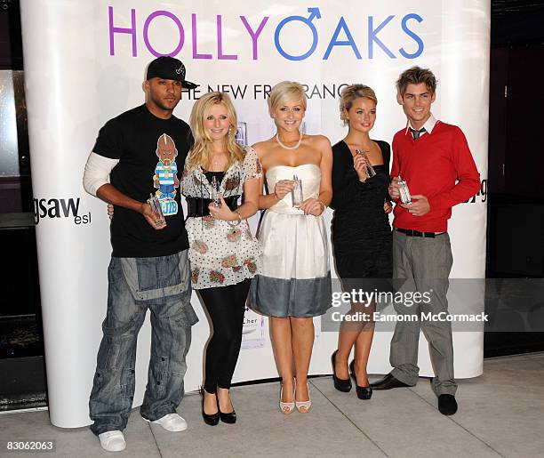 Ricky Whittle, Carley Stenson, Gemma Merna, Emma Rigby and Kieron Richardson attend the launch of the Hollyoaks Perfume at The Eve Club on September...
