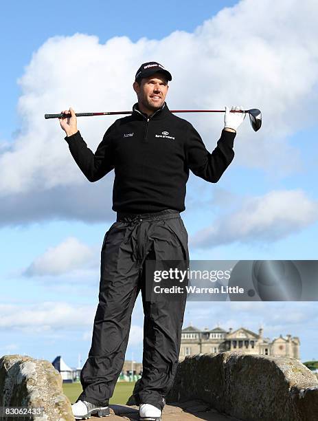 Padraig Harrington of Ireland poses for a photograph on the Swilken Bridge on the 18th hole during the practice round of The Alfred Dunhill Links...