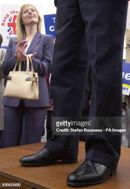 Ffion Hague applauds her husband Conservative Party leader William, as he speaks to an assembled crowd in Abingdon Market Square, Oxfordshire, while...