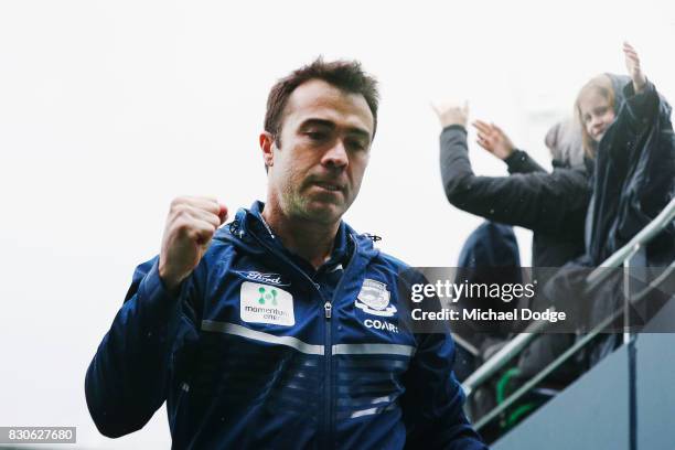 Cats head coach Chris Scott punches his fist after winning during the round 21 AFL match between the Geelong Cats and the Richmond Tigers at Simonds...