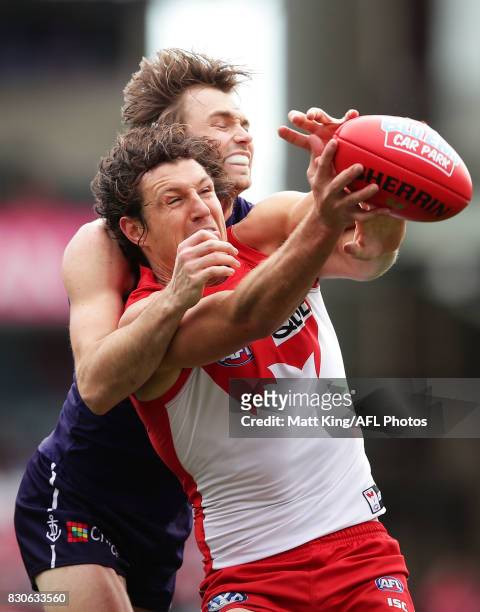 Kurt Tippett of the Swans is challenged by Joel Hamling of the Dockers during the round 21 AFL match between the Sydney Swans and the Fremantle...