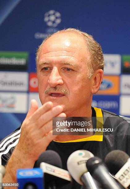Chelsea coach Felipe Scolari gestures during a press conference in Cluj-Napoca city, some 490 km northwest of Bucharest, on September 30 one day...