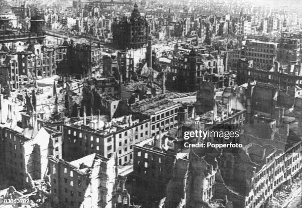 The ruins of the city of Dresden after heavy Allied bombing during World War II, 1945.