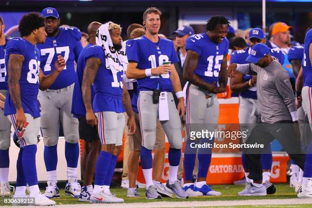 New York Giants wide receiver Odell Beckham , New York Giants quarterback Eli Manning and New York Giants wide receiver Brandon Marshall on the...
