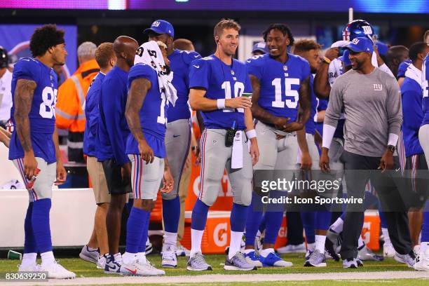 New York Giants wide receiver Odell Beckham , New York Giants quarterback Eli Manning and New York Giants wide receiver Brandon Marshall on the...