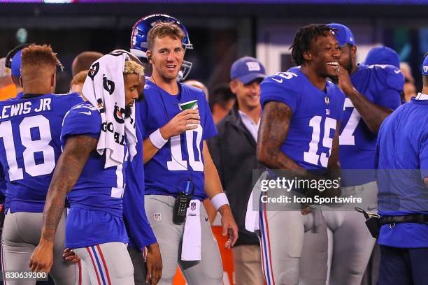 New York Giants wide receiver Odell Beckham , New York Giants quarterback Eli Manning and New York Giants wide receiver Brandon Marshall on the...