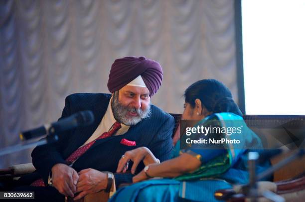 Manjeev Singh Puri, Ambassador of India to Nepal and External Affairs Minister of India Sushma Swaraj talks with each other during reception at India...