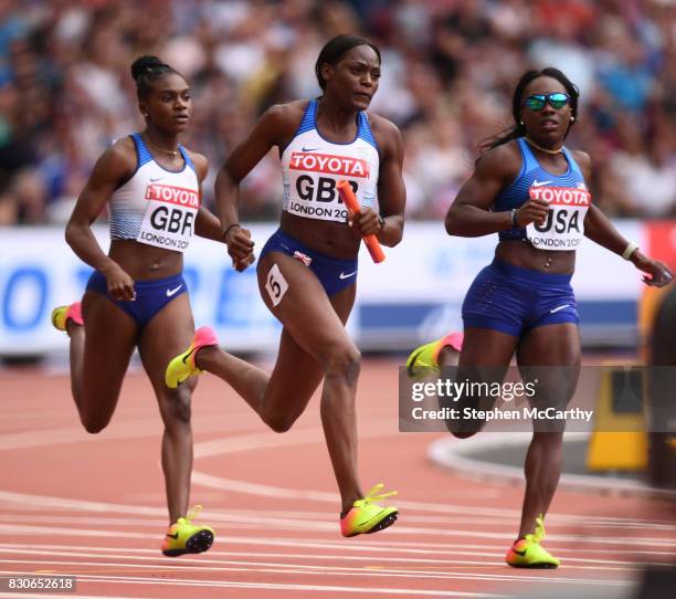 London , United Kingdom - 12 August 2017; Daryll Neita receives the baton from her Great Britain team-mate Dina Asher-Smith in round one of the...