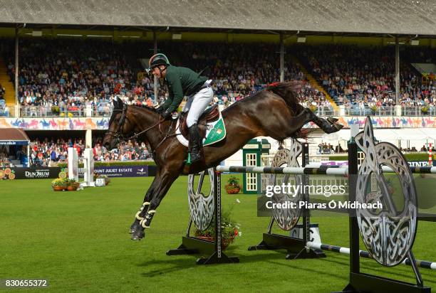 Dublin , Ireland - 11 August 2017; Cian OConnor of Ireland competing on Good Luck during the Furusiyya FEI Nations Cup presented by Longines at the...