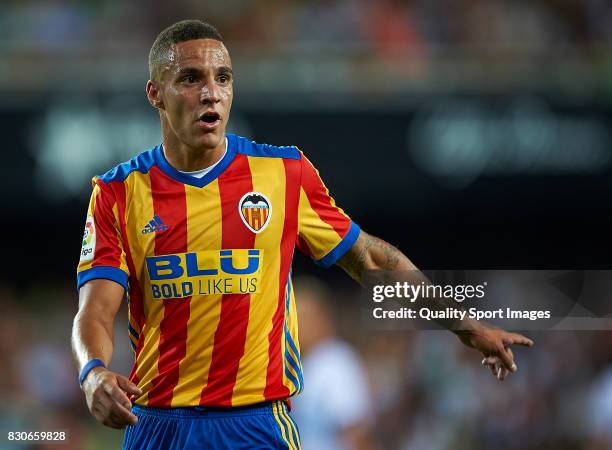 Rodrigo Moreno of Valencia reacts during the pre-season friendly match between Valencia CF and Atalanta BC at Estadio Mestalla on August 11, 2017 in...