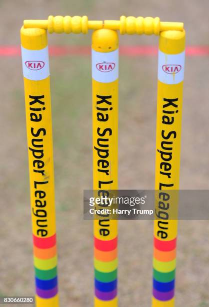 Detailed view of the match day stumps during the Kia Super League 2017 match between Western Storm and Loughborough Lightning at The Cooper...