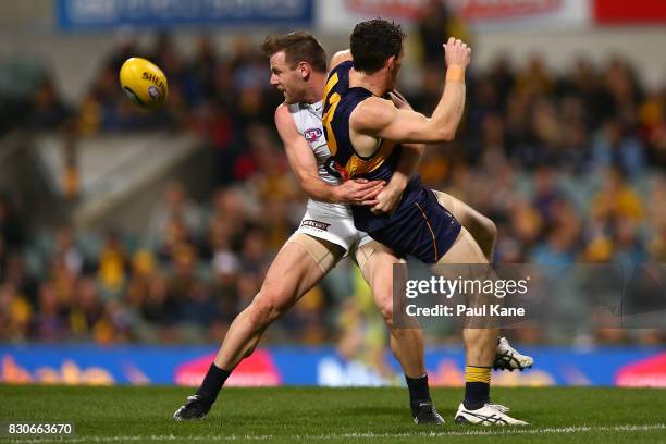 Sam Docherty of the Blues and Luke Shuey of the Eagles contest for the ball during the round 21 AFL match between the West Coast Eagles and the...