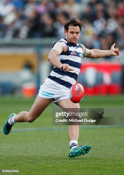 Steven Motlop of the Cats kicks the ball during the round 21 AFL match between the Geelong Cats and the Richmond Tigers at Simonds Stadium on August...