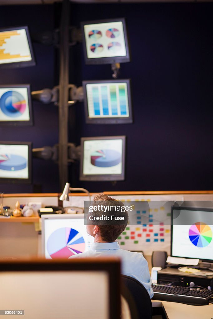 Businessman Looking at Pie Charts and Graphs