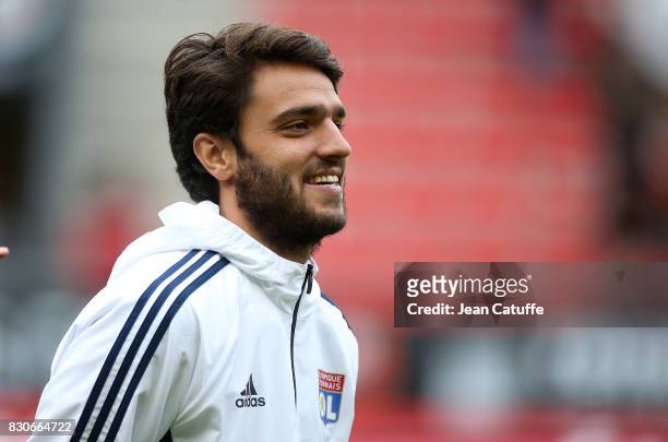 Clement Grenier of Lyon warms up before the French Ligue 1 match between Stade Rennais and Olympique Lyonnais at Roazhon Park on August 11, 2017 in...