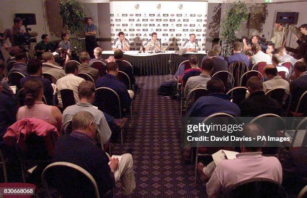 British & Irish Lions Head Coach Graham Henry , Captain Martin Johnson and Tour Manager Donal Lenihan at a press conference at Coffs Harbour, in...