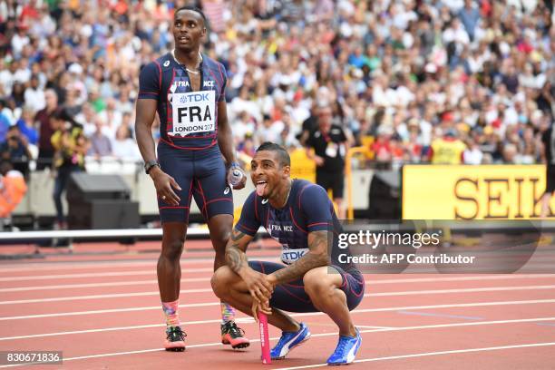 France's Thomas Jordier and Teddy Atine-Venel react after competing in the men's 4x400m relay athletics event at the 2017 IAAF World Championships at...