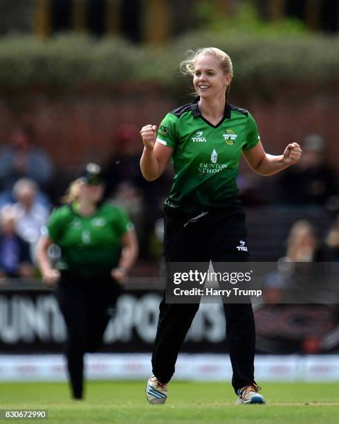 Freya Davies of Western Storm celebrates the wicket of Amy Jones of Loughborough Lightning during the Kia Super League 2017 match between Western...