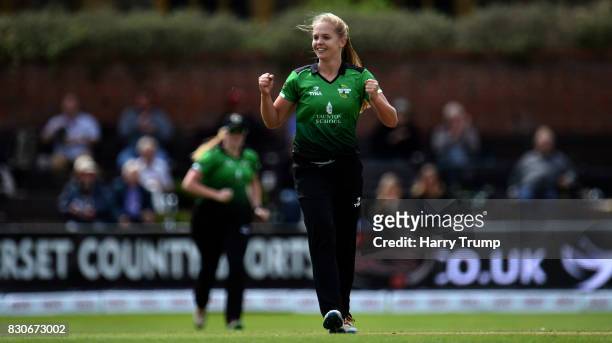 Freya Davies of Western Storm celebrates the wicket of Amy Jones of Loughborough Lightning during the Kia Super League 2017 match between Western...