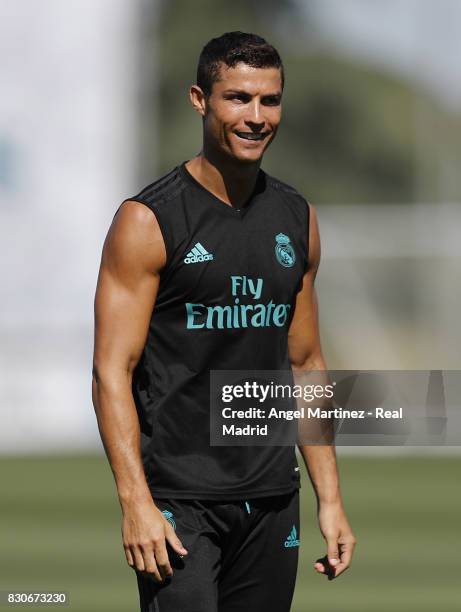 Cristiano Ronaldo of Real Madrid looks on during a training session at Valdebebas training ground on August 12, 2017 in Madrid, Spain.