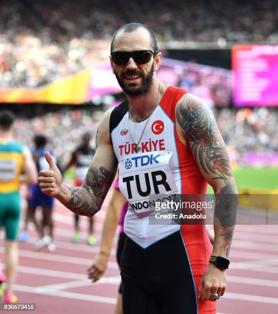 Ramil Guliyev of Turkey poses after the Men's 4x100 Metres Relay heats during the "IAAF Athletics World Championships London 2017" at London Stadium...