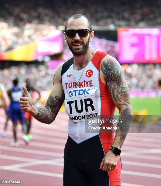 Ramil Guliyev of Turkey poses after the Men's 4x100 Metres Relay heats during the "IAAF Athletics World Championships London 2017" at London Stadium...