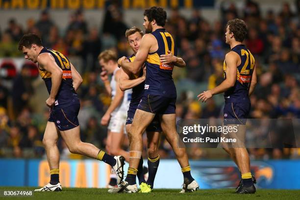 Josh Kennedy of the Eagles celebrates a goal with Sam MItchell during the round 21 AFL match between the West Coast Eagles and the Carlton Blues at...