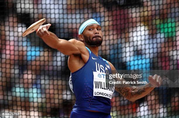 Devon Williams of the United States competes in the Men's Decathlon Discus during day nine of the 16th IAAF World Athletics Championships London 2017...