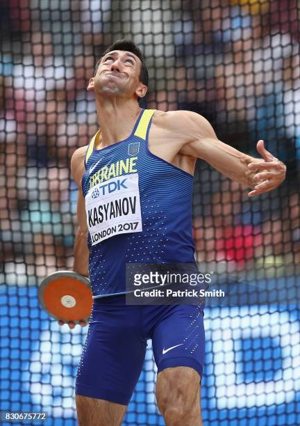 Oleksiy Kasyanov of Ukraine competes in the Men's Decathlon Discus during day nine of the 16th IAAF World Athletics Championships London 2017 at The...