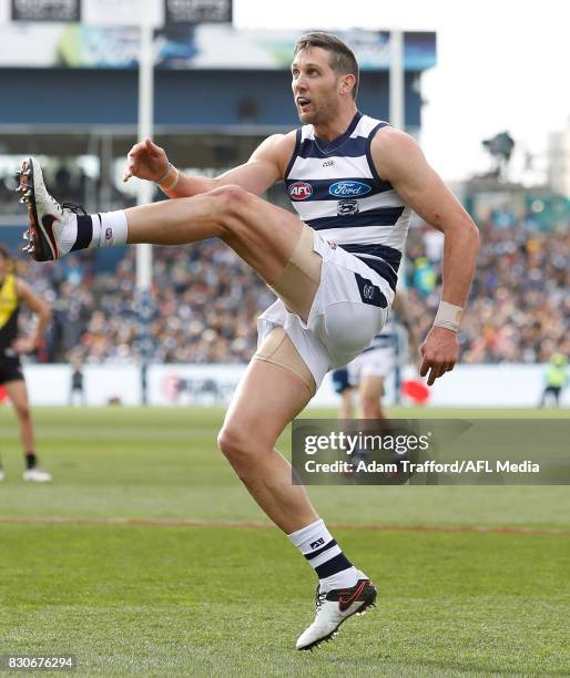 Harry Taylor of the Cats kicks the ball during the 2017 AFL round 21 match between the Geelong Cats and the Richmond Tigers at Simonds Stadium on...