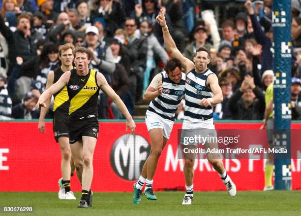 Harry Taylor of the Cats celebrates a last quarter goal with Steven Motlop of the Cats during the 2017 AFL round 21 match between the Geelong Cats...