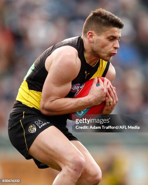 Dion Prestia of the Tigers marks the ball during the 2017 AFL round 21 match between the Geelong Cats and the Richmond Tigers at Simonds Stadium on...