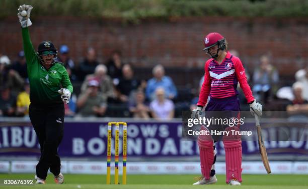 Rachel Priest of Western Storm celebrates after catching Paige Scholfield of Loughborough Lightning during the Kia Super League 2017 match between...