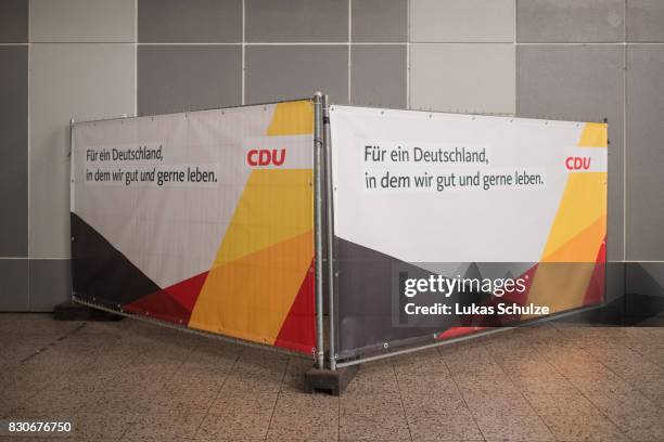 Placard of the German Christian Democrats is seen at the CDU federal election campaign opening rally on August 12, 2017 in Dortmund, Germany. Germany...