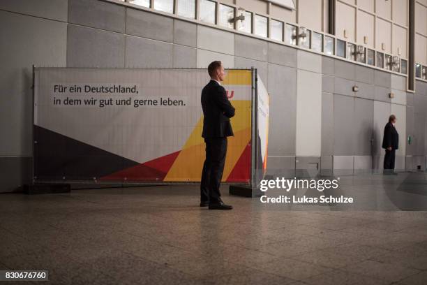 Placard of the German Christian Democrats is seen at the CDU federal election campaign opening rally on August 12, 2017 in Dortmund, Germany. Germany...