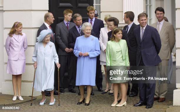 Queen Elizabeth II and the Queen Mother with the rest of the Royal Family outside Clarence House, London, on the day of her 101st birthday.