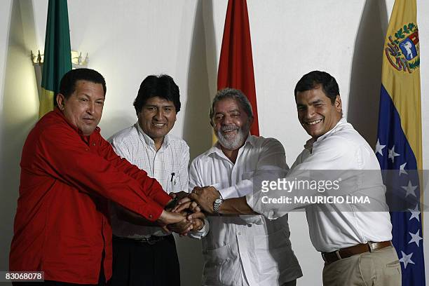 Venezuela's President Hugo Chavez, Bolivia's President Evo Morales, Brazil's President Luiz Inacio Lula da Silva and Ecuador's President Rafael...